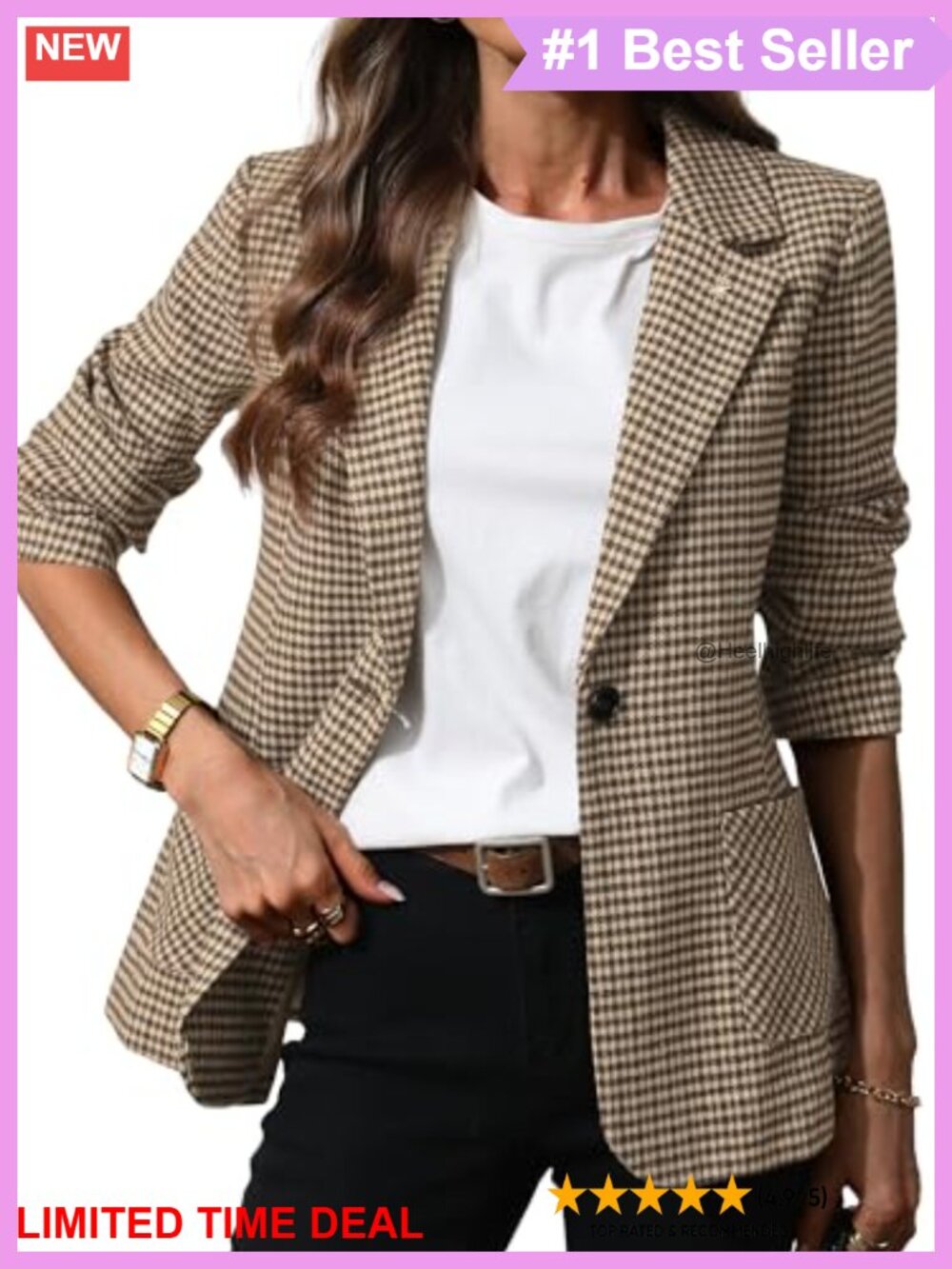 Plaid Blazer with Embroidered Collar Business Casual Houndstooth Work Jacket